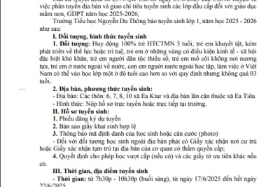 Thông báo về việc tuyển sinh năm học 2025-2026 tại trường TH Nguyễn Du xã Ea Ktur